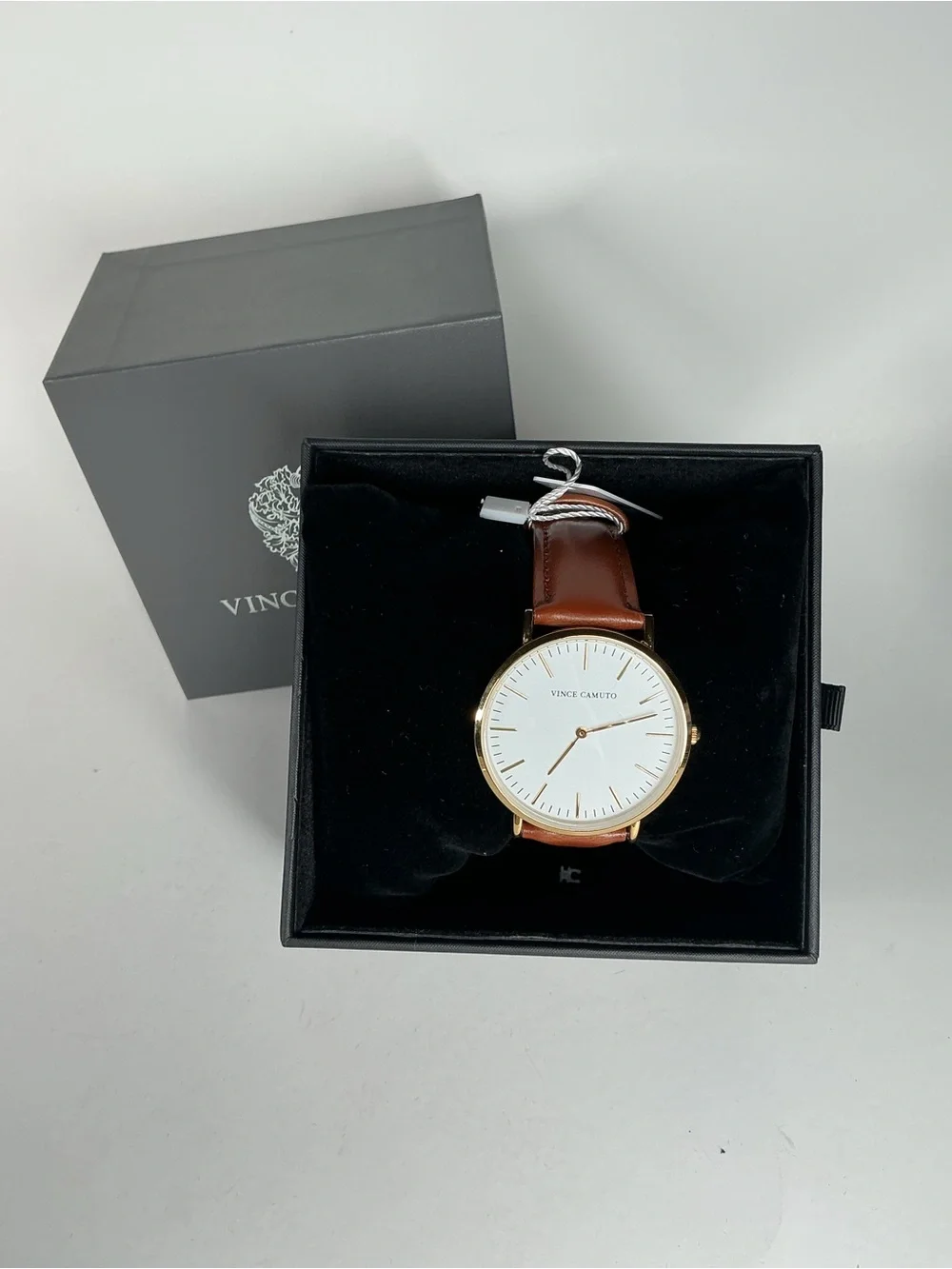 Vince Camuto Brown Leather Strap Watch with Gold Case and White Dial
